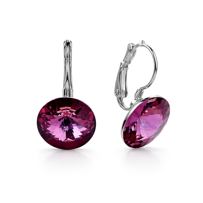 Round Rivoli Lever-Back Drop Earrings - Burgundy