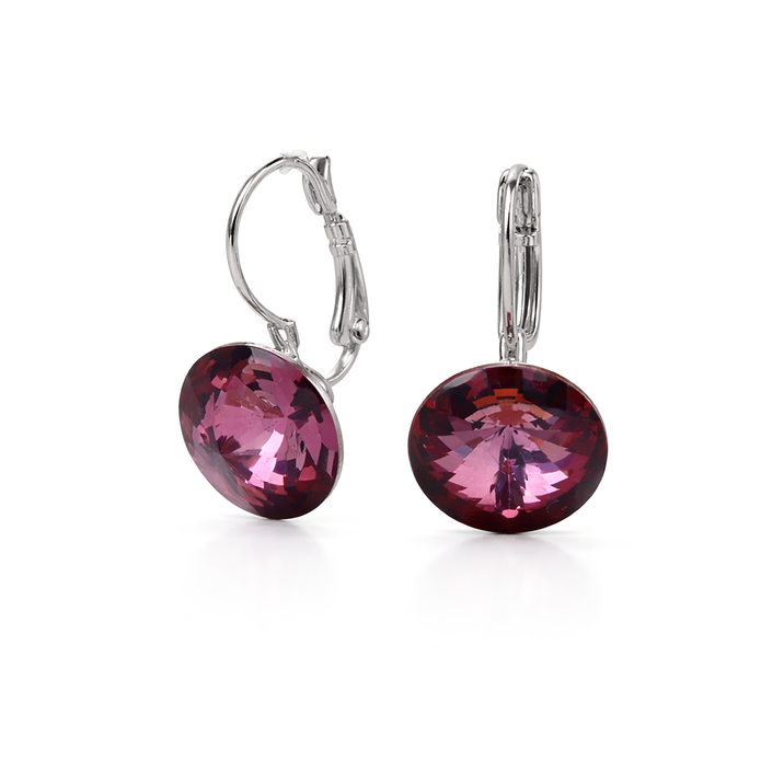 Round Rivoli Lever-Back Drop Earrings - Burgundy