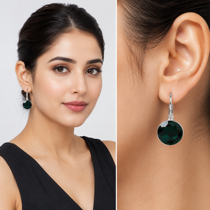 Round Rivoli Lever-Back Drop Earrings - Emerald Green