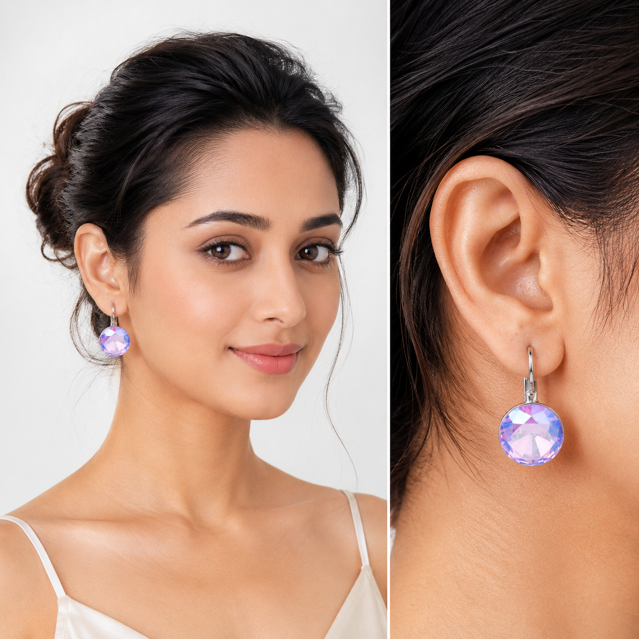 Round Rivoli Lever-Back Drop Earrings - Lavender