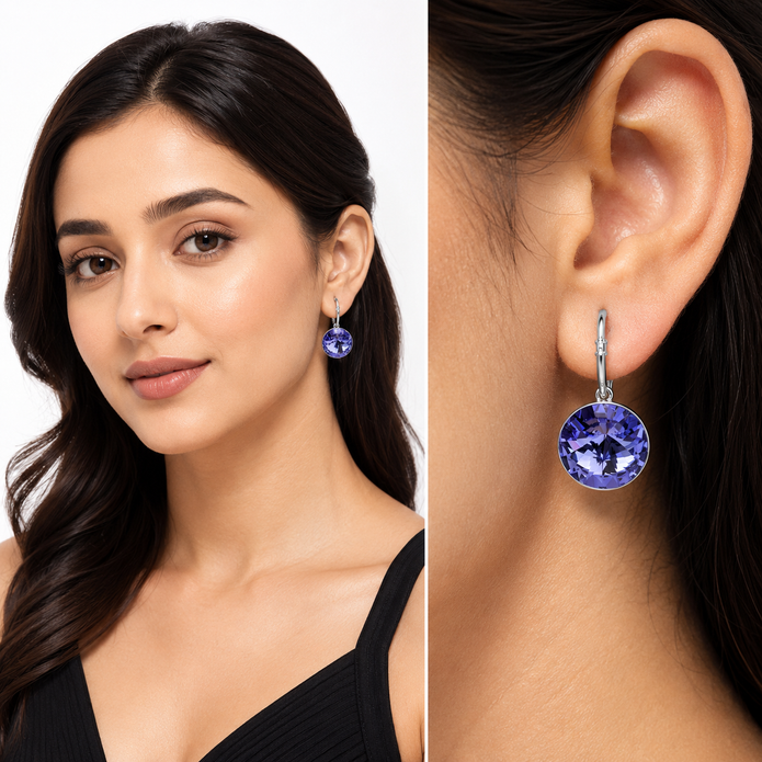 Round Rivoli Lever-Back Drop Earrings - Amethyst