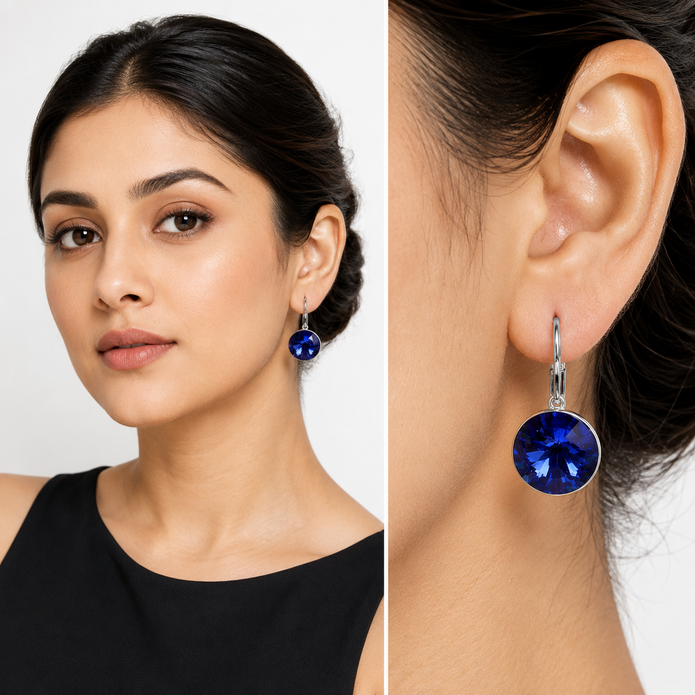 Round Rivoli Lever-Back Drop Earrings - Navy Blue