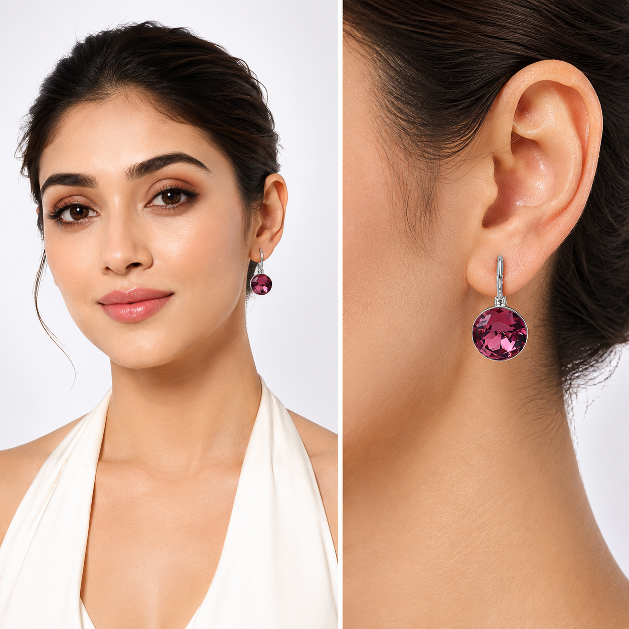Round Rivoli Lever-Back Drop Earrings - Plum