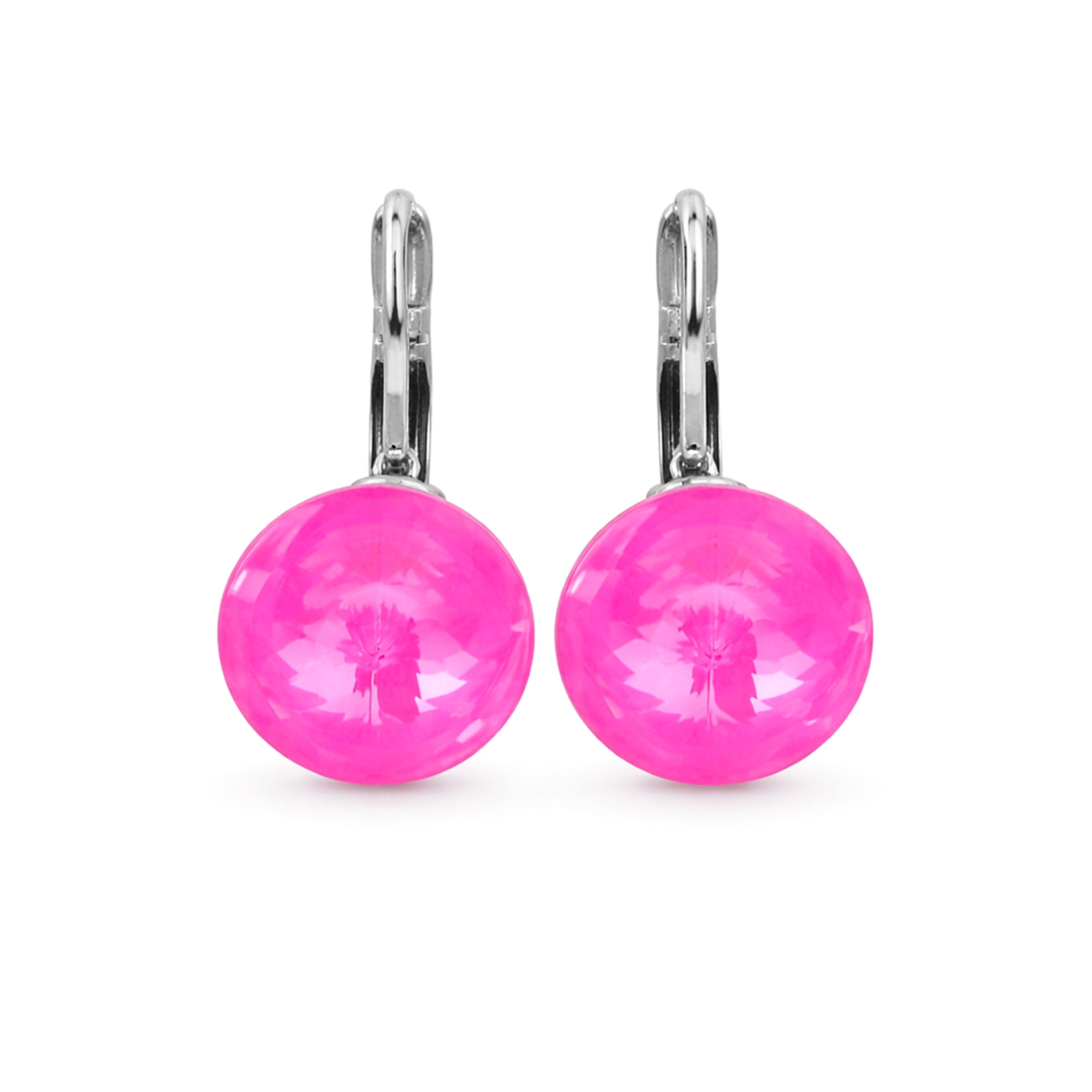 Round Rivoli Lever-Back Drop Earrings - Fuchsia