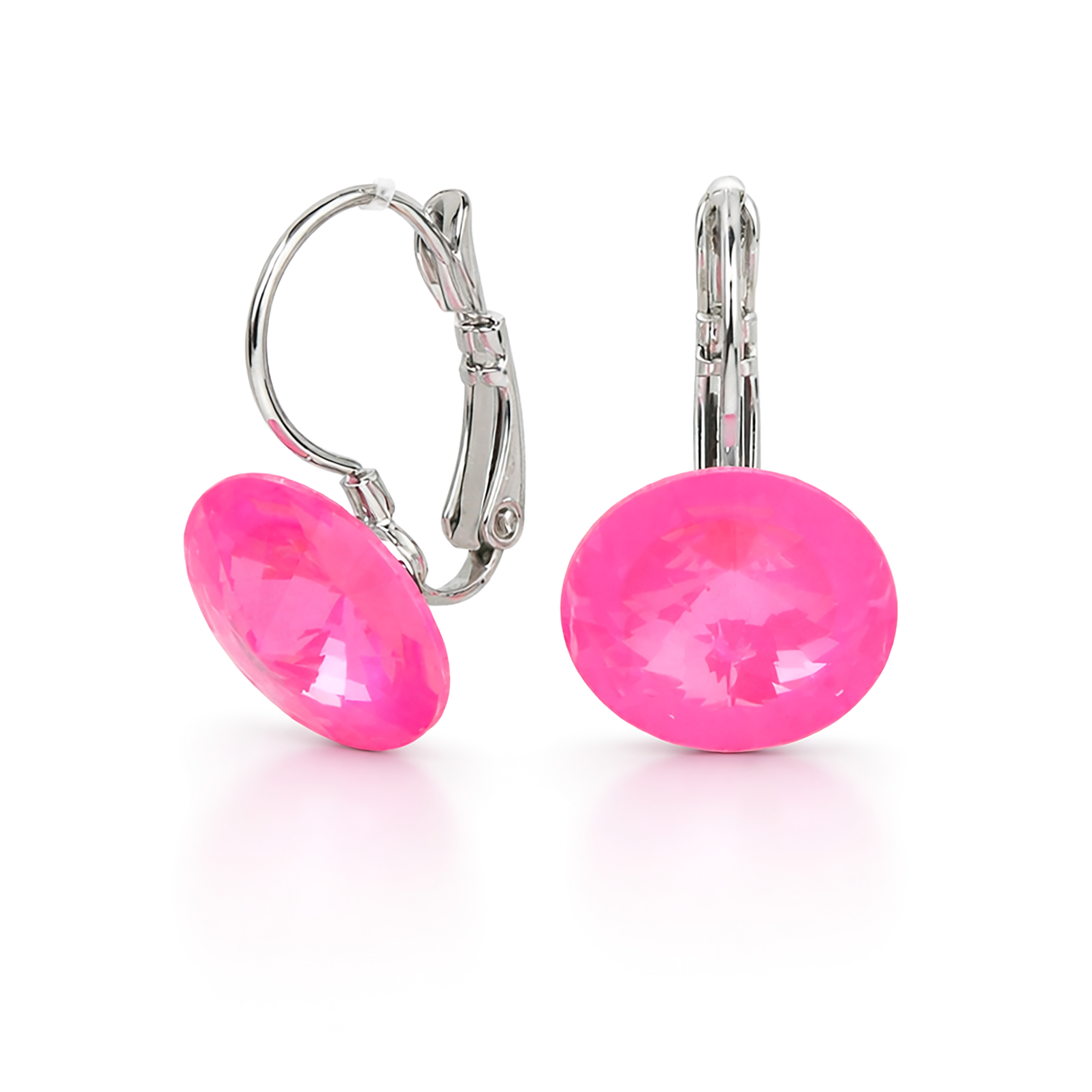 Round Rivoli Lever-Back Drop Earrings - Fuchsia
