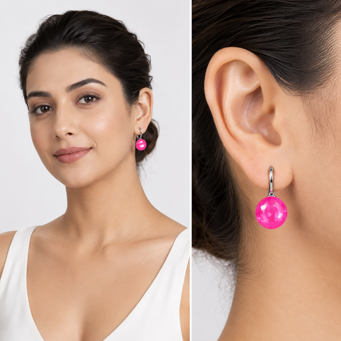 Round Rivoli Lever-Back Drop Earrings - Fuchsia