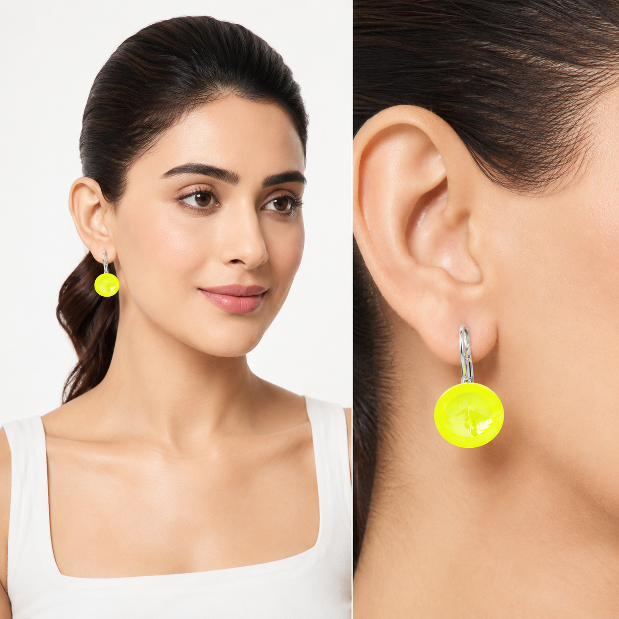 Round Rivoli Lever-Back Drop Earrings - Yellow