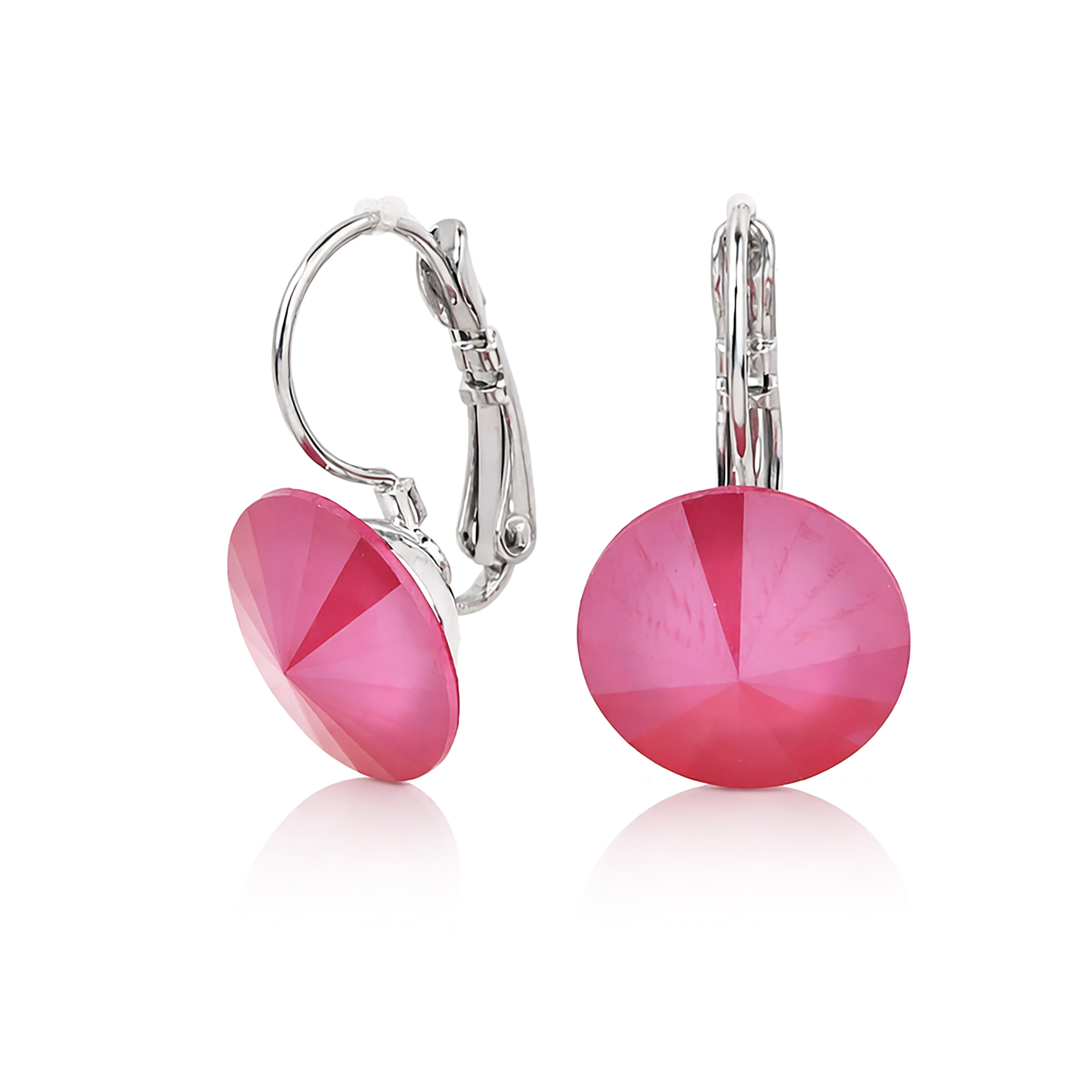 Round Rivoli Lever-Back Drop Earrings - Fuchsia