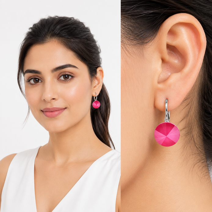 Round Rivoli Lever-Back Drop Earrings - Fuchsia