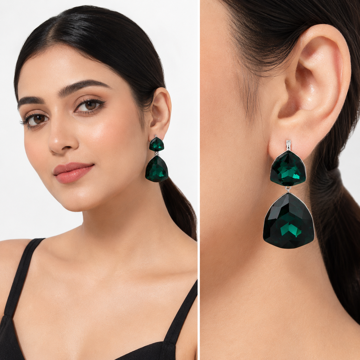 Emerald Green Double Cushion Lever-Back Drop Earrings