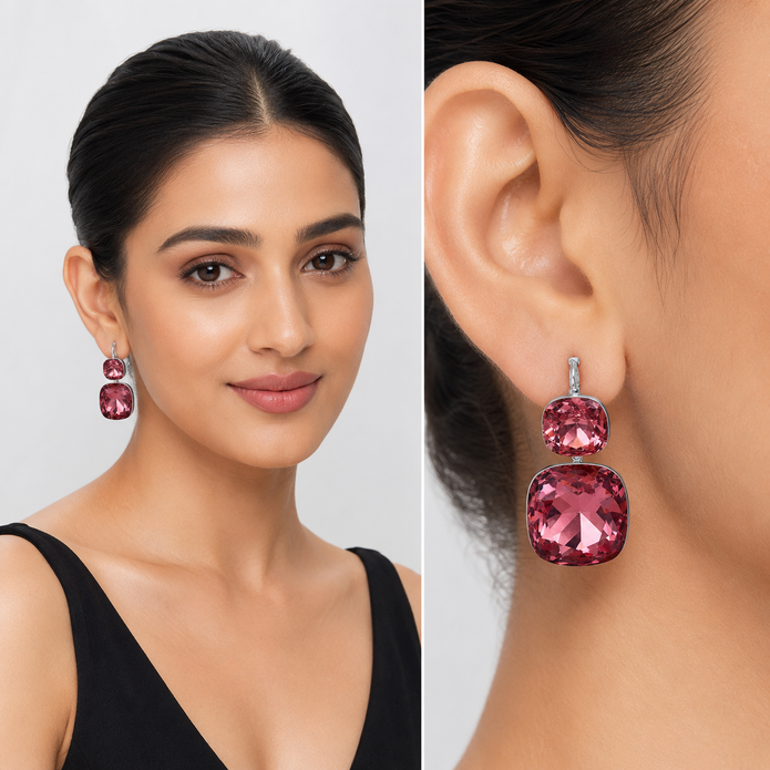 Rose pink Double Cushion Lever-Back Drop Earrings