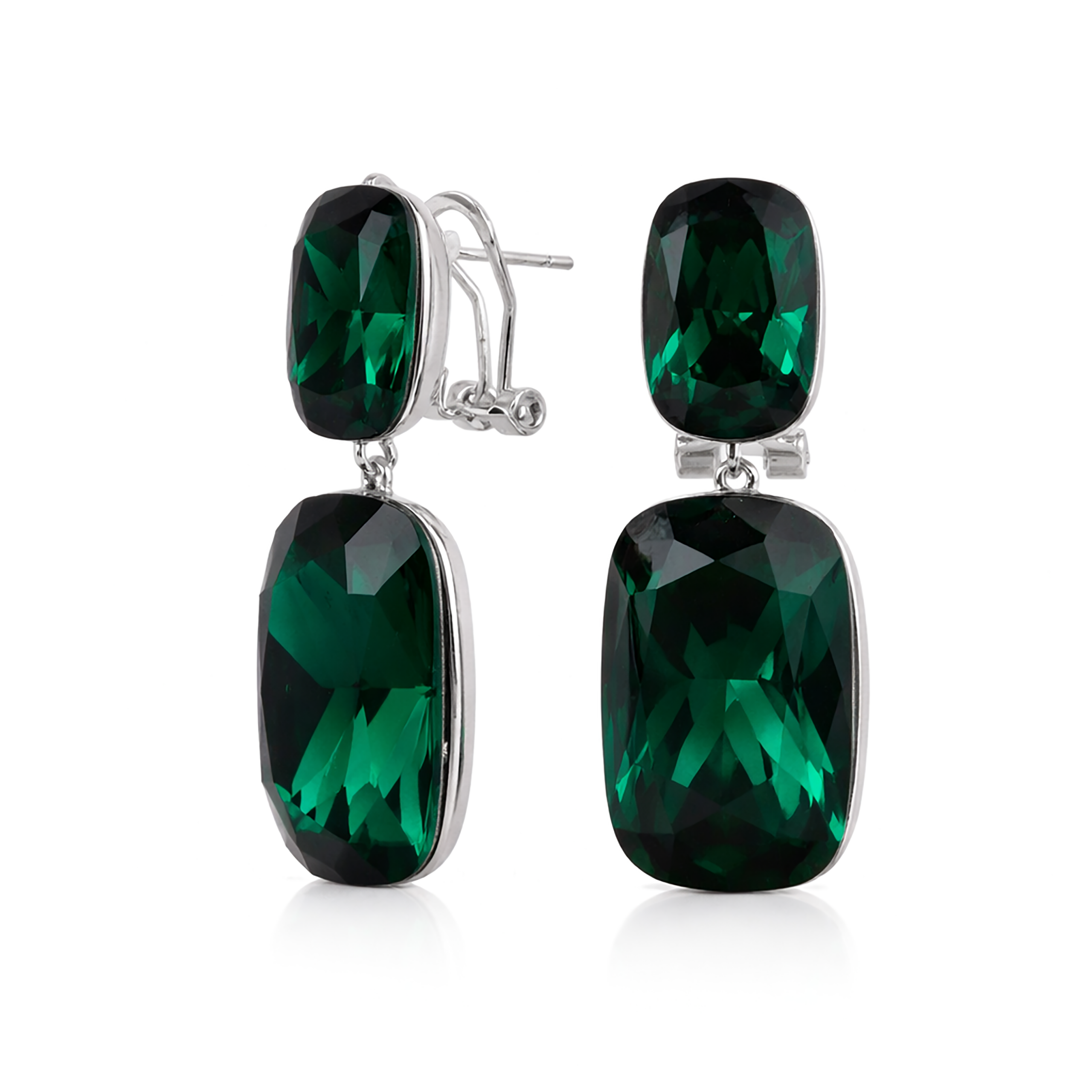 Emerald Green Double Cushion Lever-Back Drop Earrings