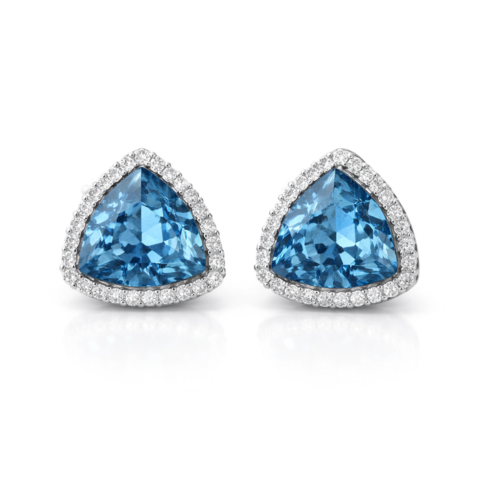 Aqua Blue Trillion-Cut Halo Stud Earrings
