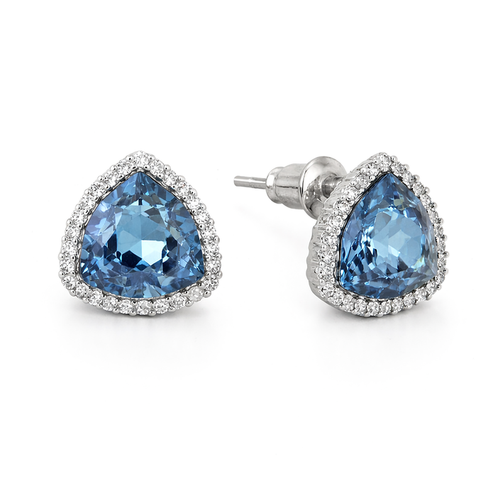Aqua Blue Trillion-Cut Halo Stud Earrings
