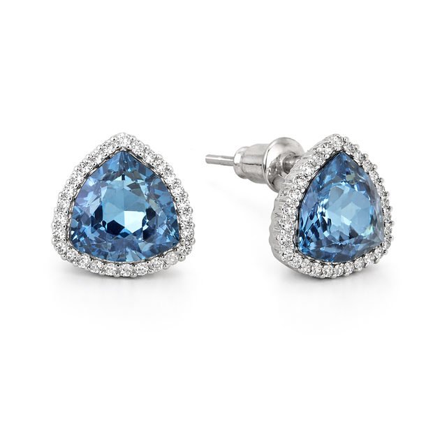 Aqua Blue Trillion-Cut Halo Stud Earrings