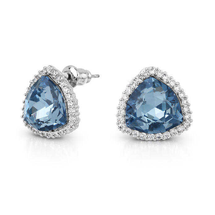 Aqua Blue Trillion-Cut Halo Stud Earrings