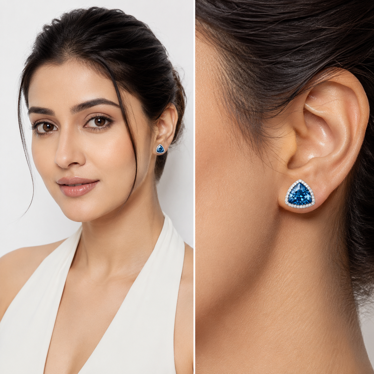 Aqua Blue Trillion-Cut Halo Stud Earrings