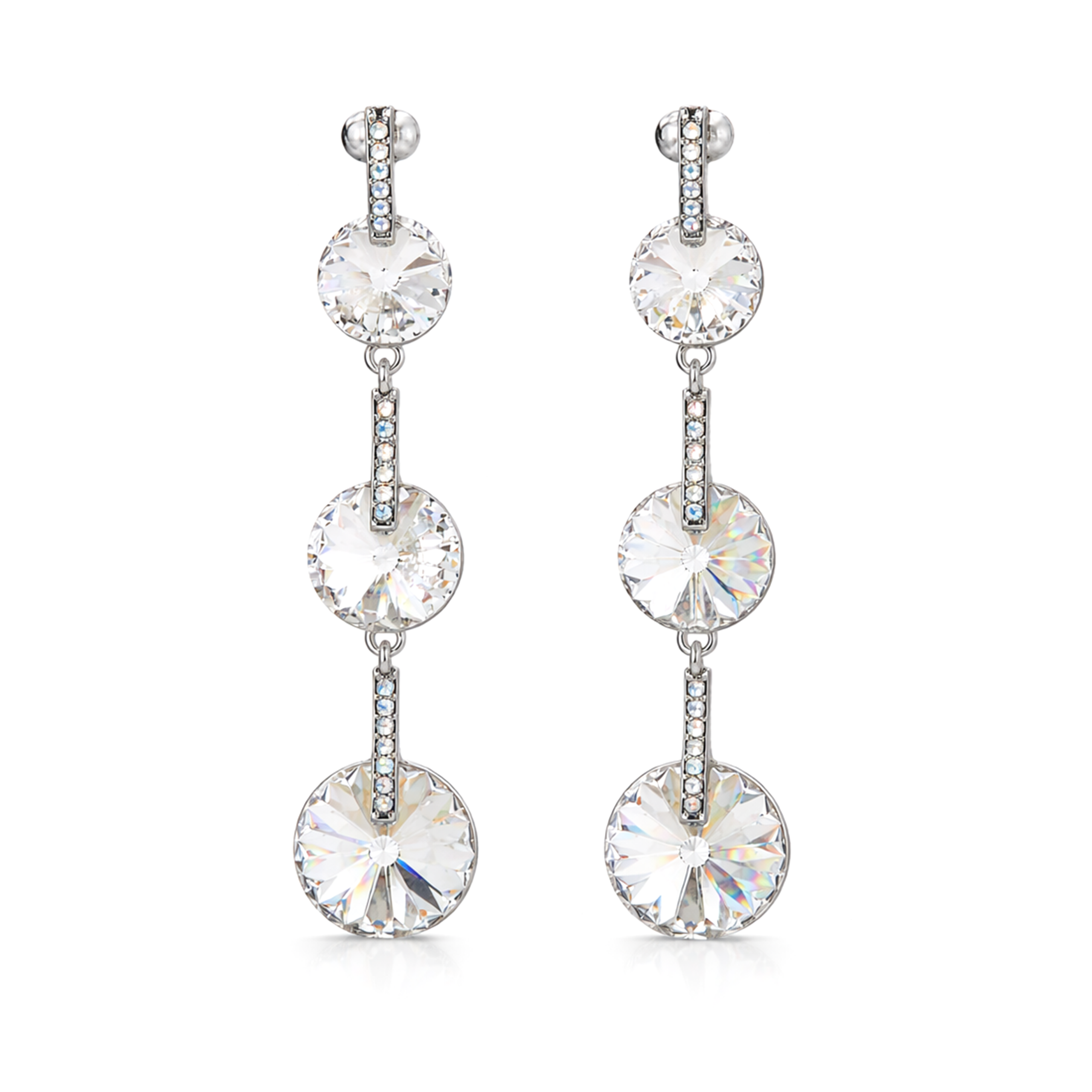 Clear Rivoli Triple Crystal Silver Drop Earrings