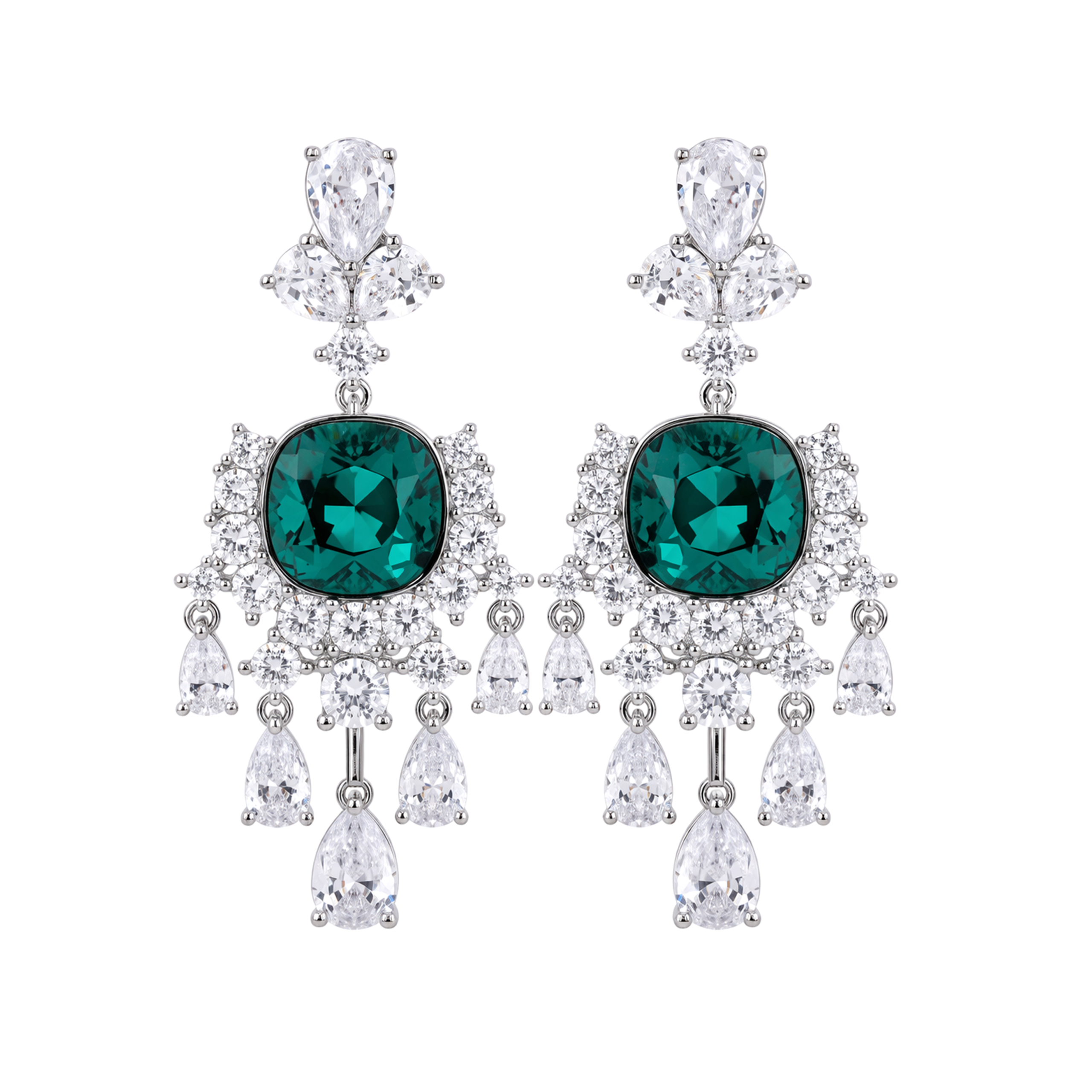Emerald Green Cushion Crystal Chandelier Drop Earrings