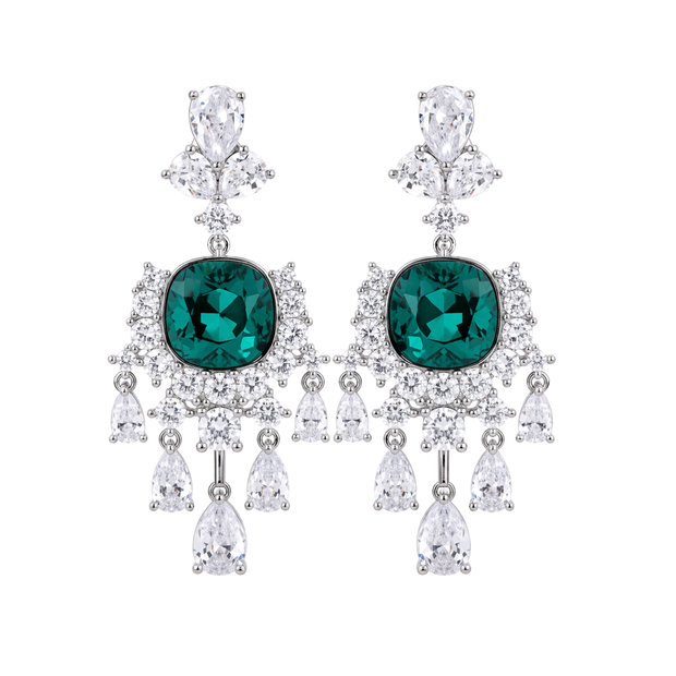 Emerald Green Cushion Crystal Chandelier Drop Earrings
