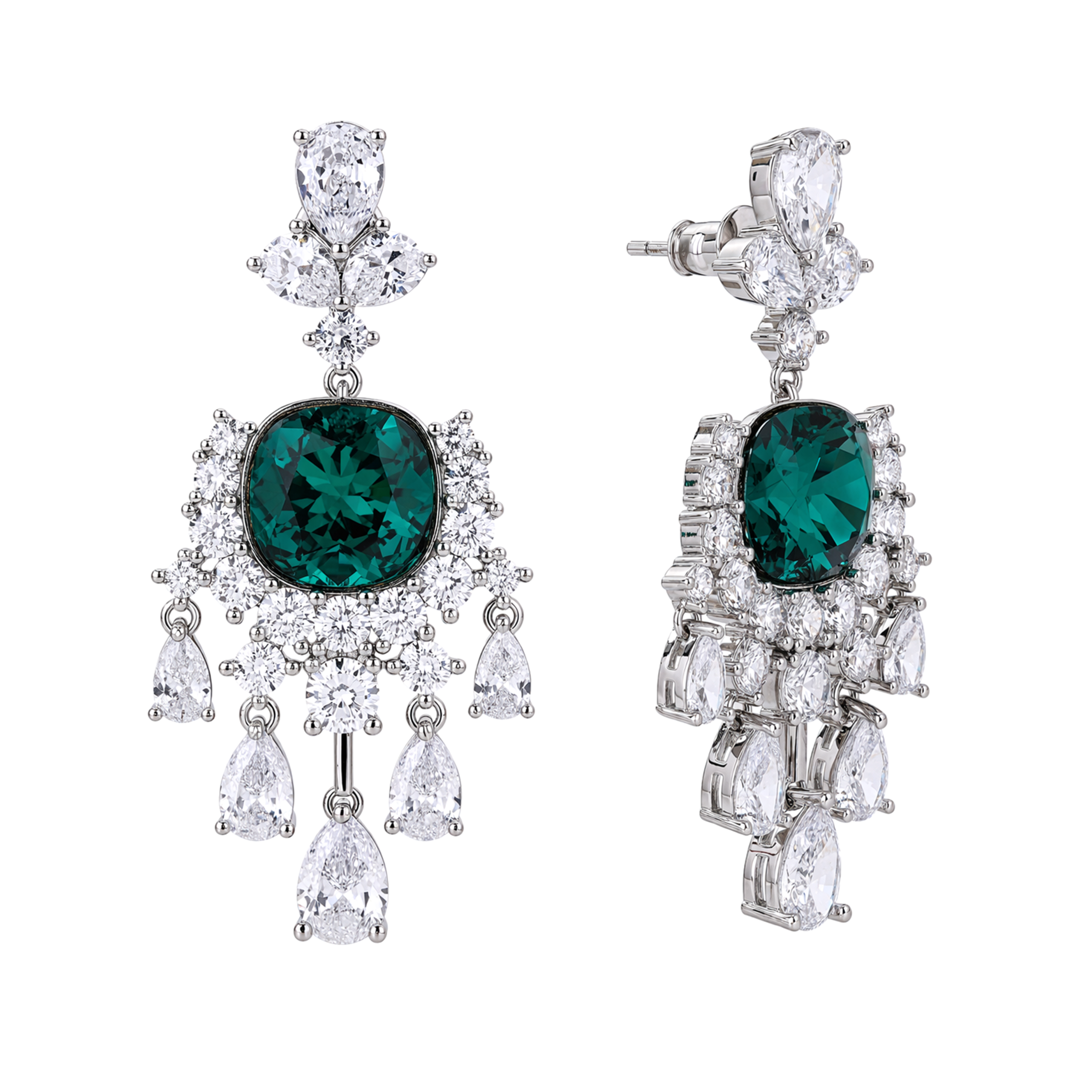 Emerald Green Cushion Crystal Chandelier Drop Earrings