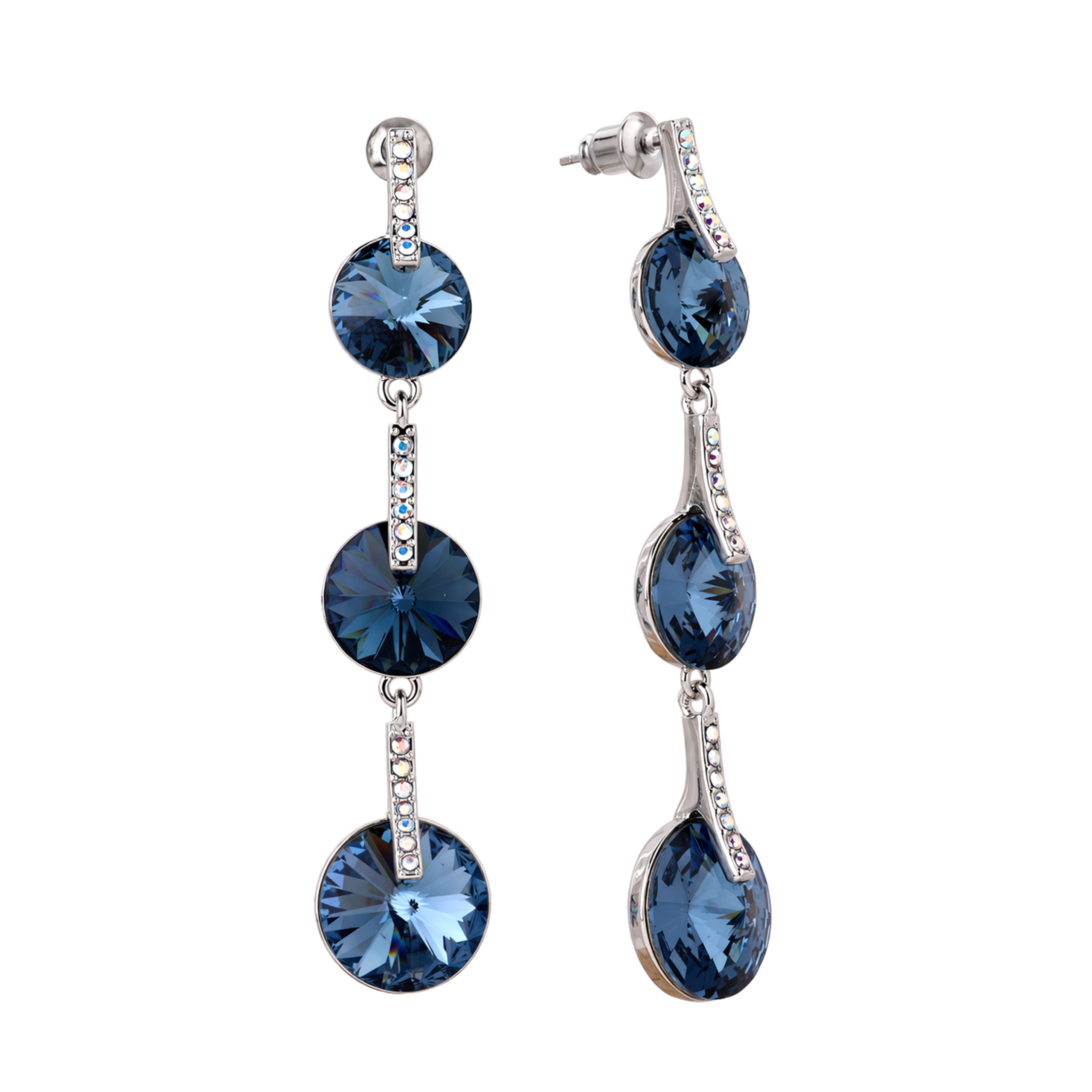 Deep Blue Rivoli Triple Crystal Drop Earrings