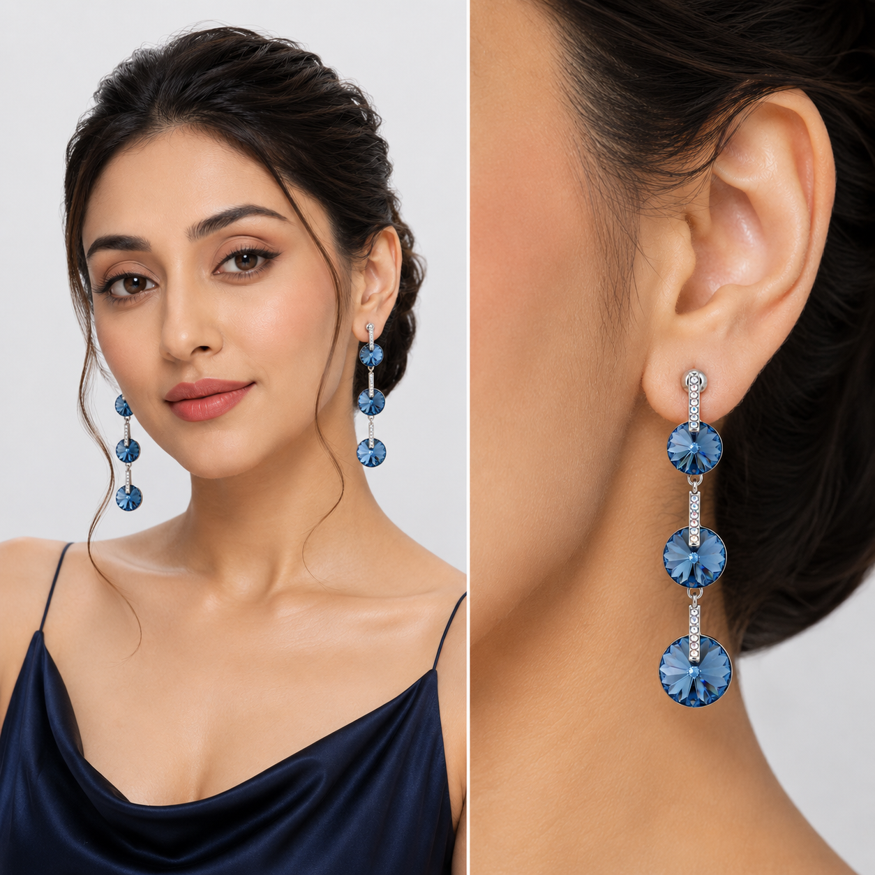 Deep Blue Rivoli Triple Crystal Drop Earrings