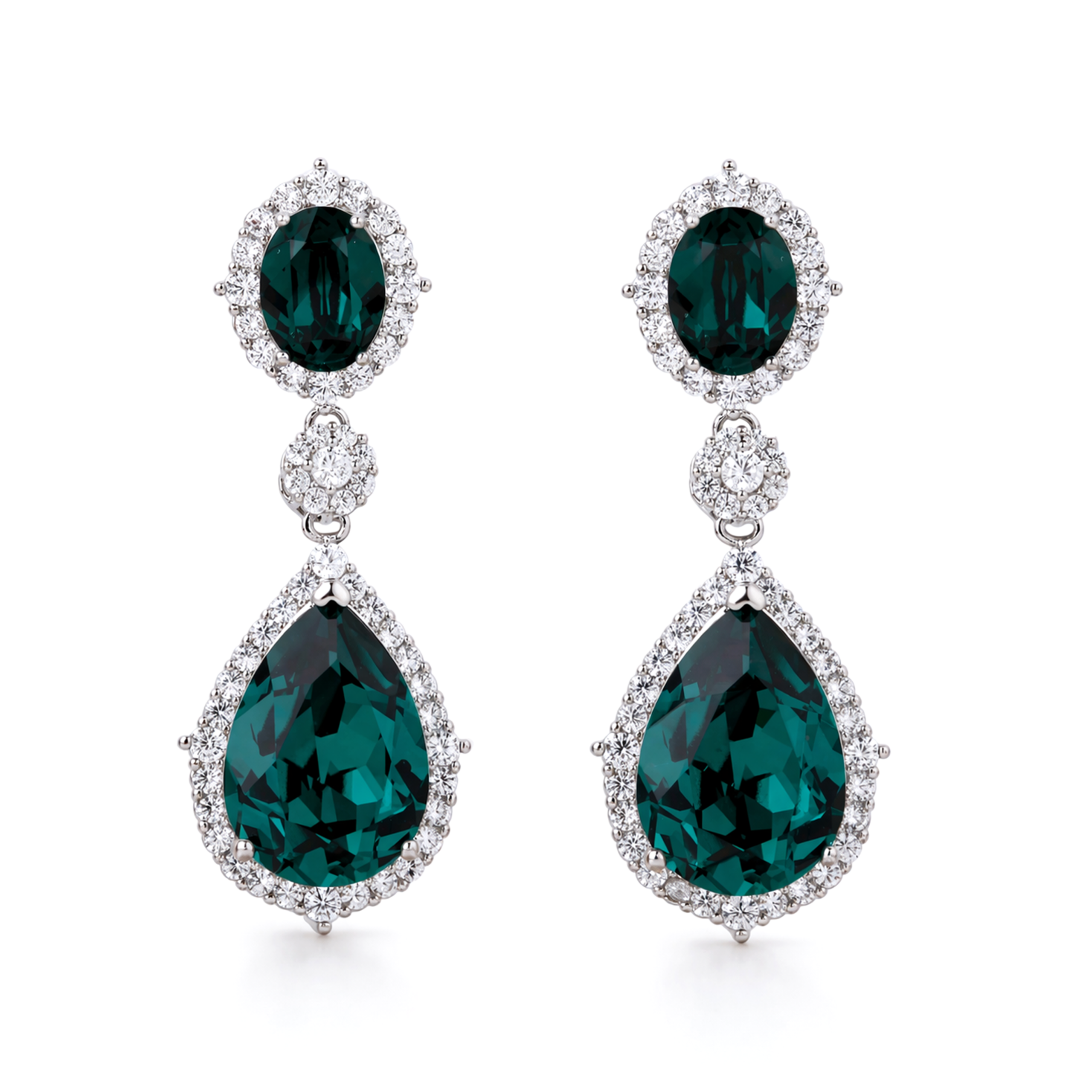 Emerald Green Oval Teardrop Halo Crystal Drop Earrings