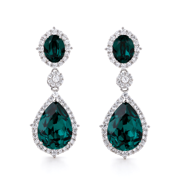 Emerald Green Oval Teardrop Halo Crystal Drop Earrings