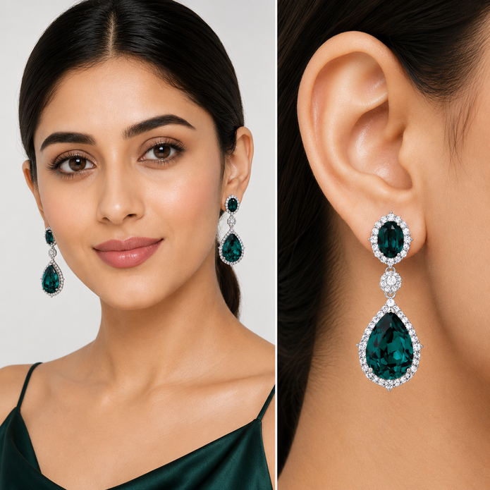 Emerald Green Oval Teardrop Halo Crystal Drop Earrings