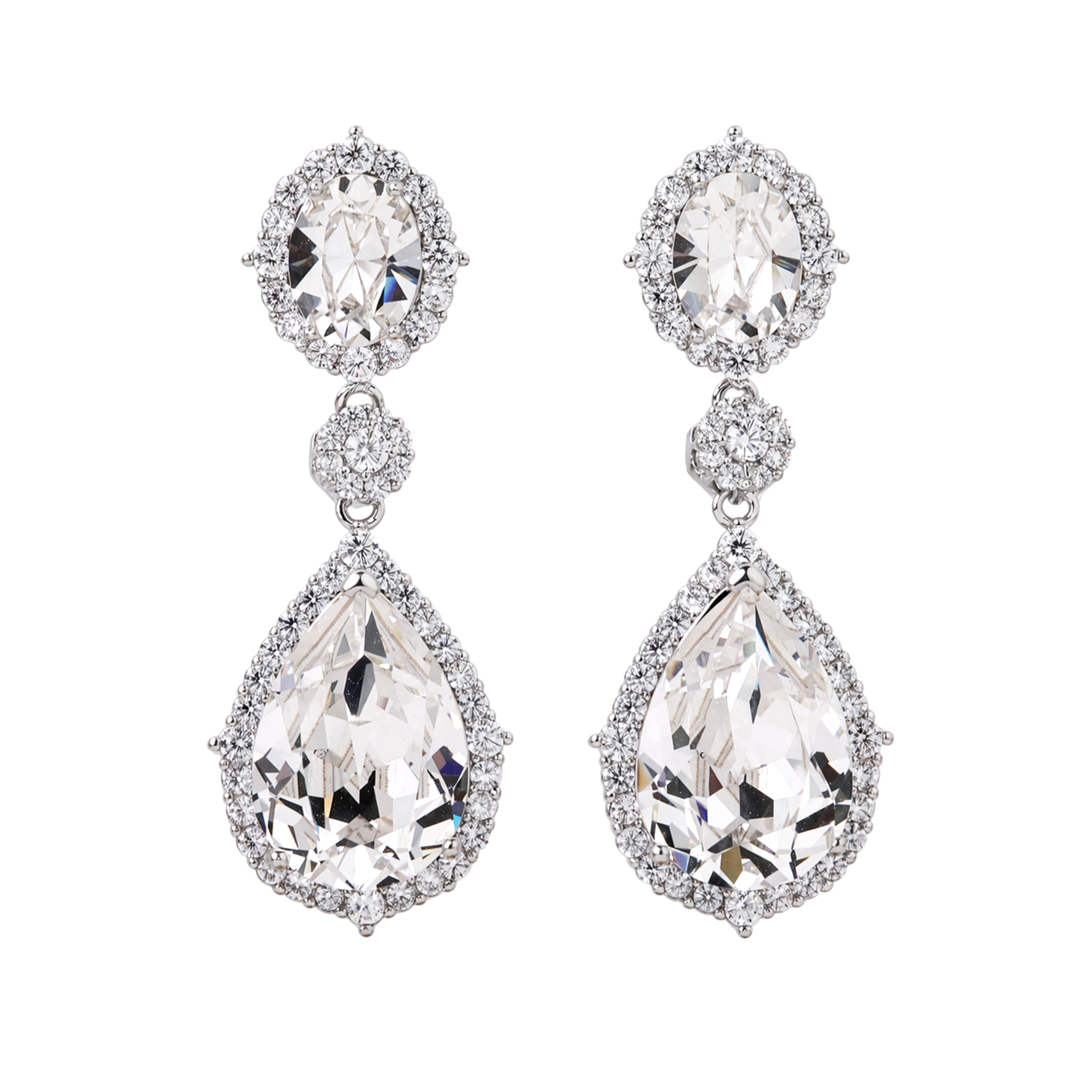 Clear Crystal Oval Halo Teardrop Drop Earrings