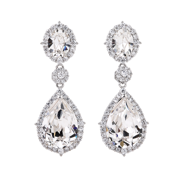 Clear Crystal Oval Halo Teardrop Drop Earrings