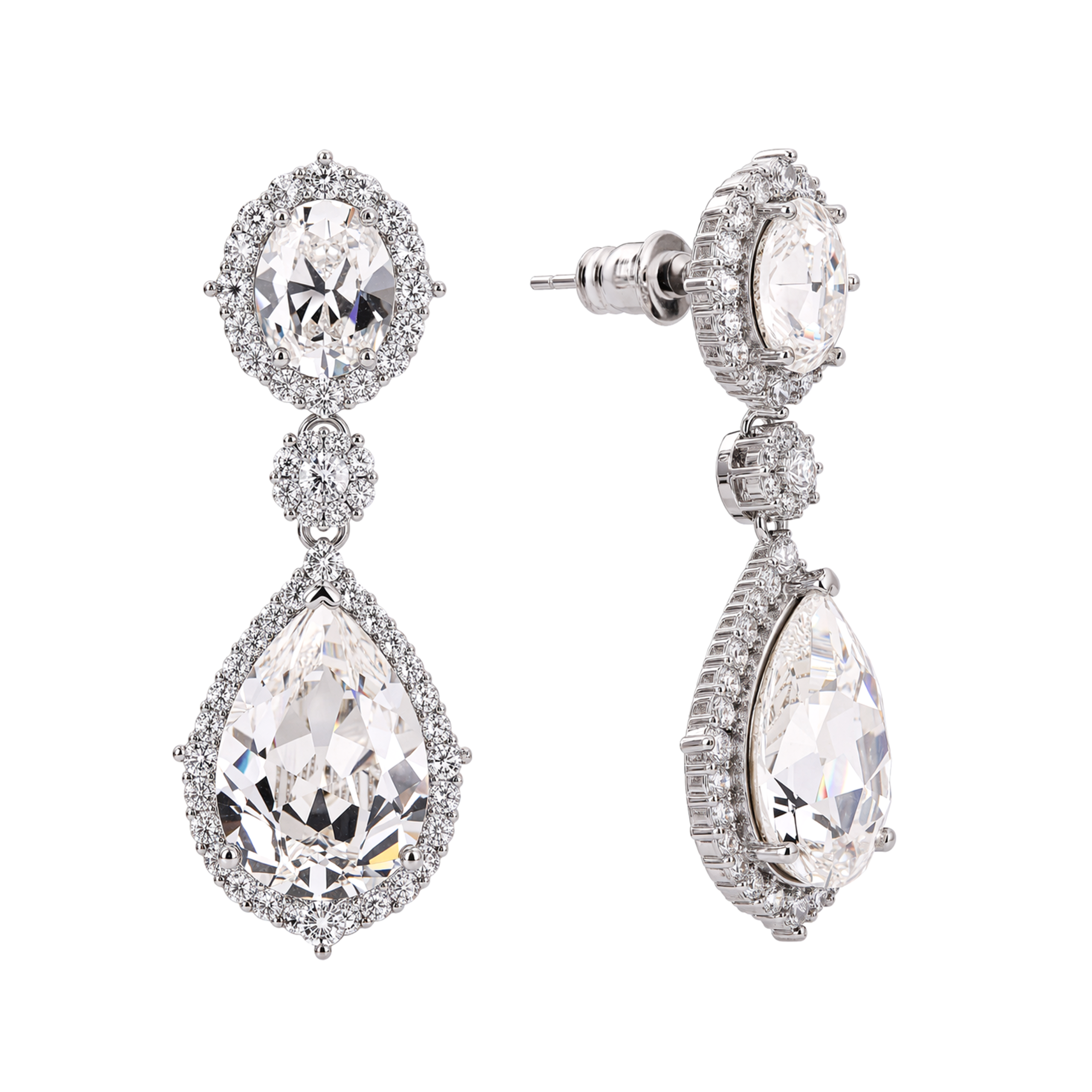 Clear Crystal Oval Halo Teardrop Drop Earrings