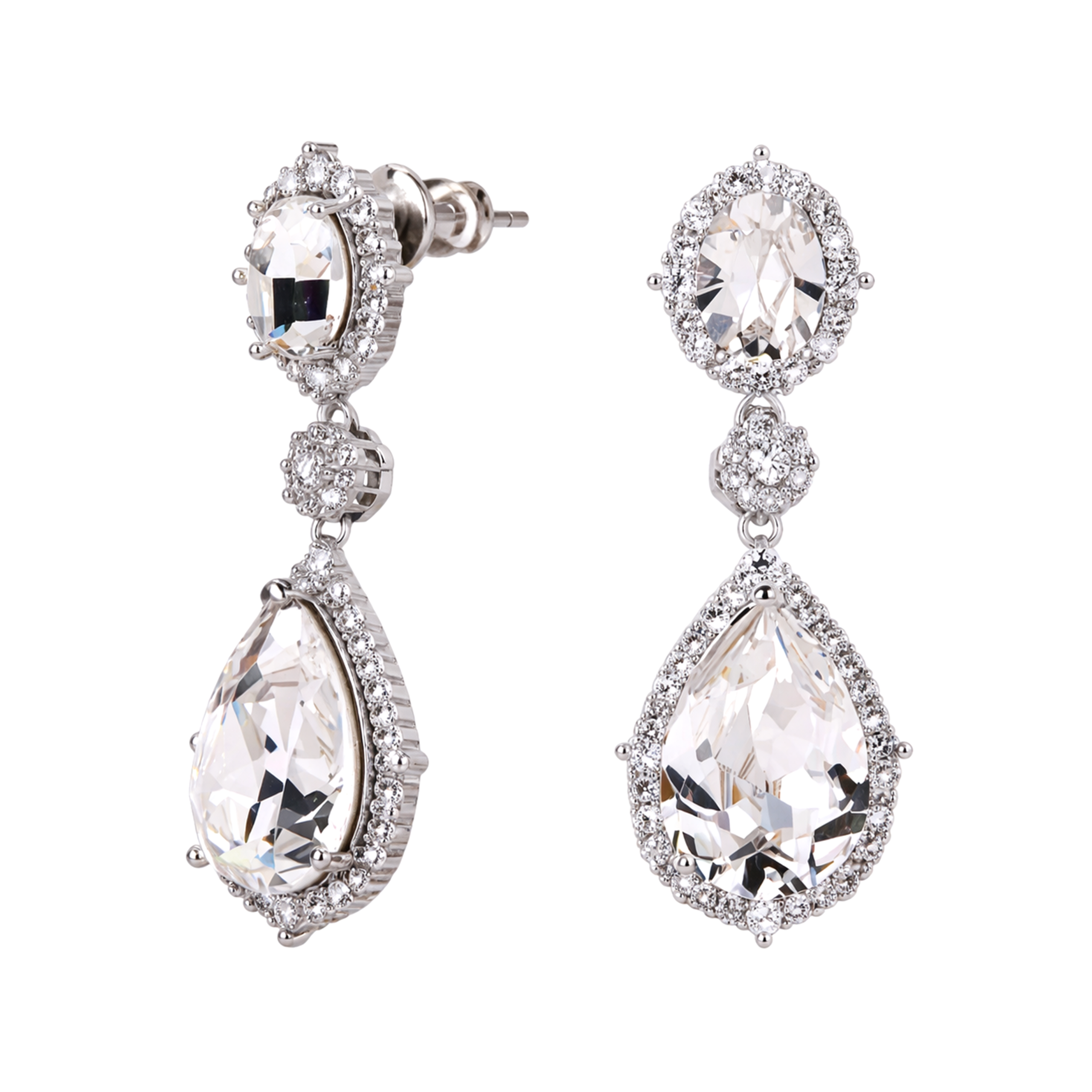 Clear Crystal Oval Halo Teardrop Drop Earrings