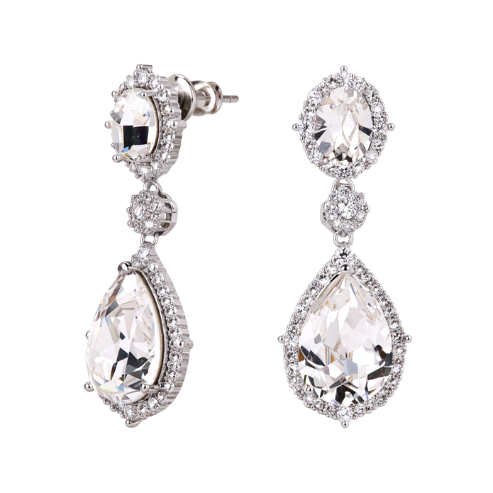 Clear Crystal Oval Halo Teardrop Drop Earrings