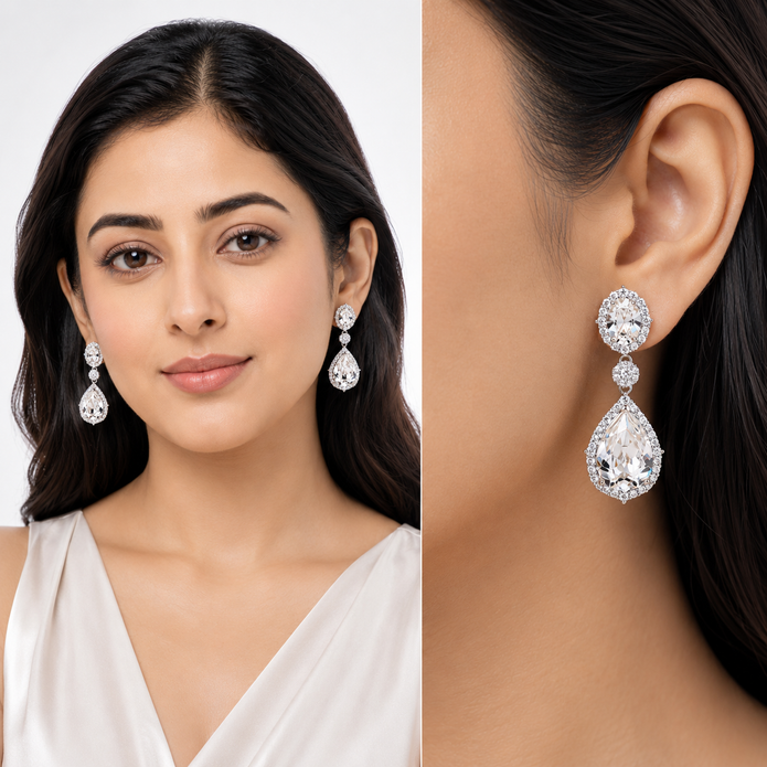 Clear Crystal Oval Halo Teardrop Drop Earrings