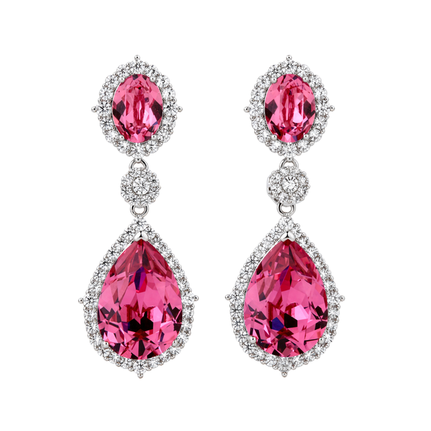 Rich Pink Oval Crystal Halo Teardrop Drop Earrings