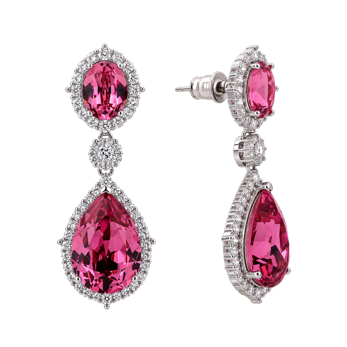 Rich Pink Oval Crystal Halo Teardrop Drop Earrings