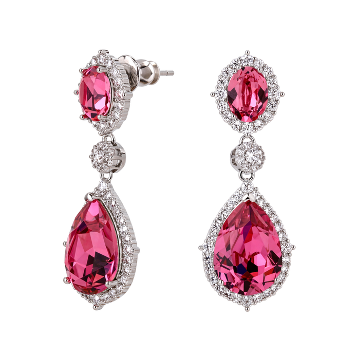Rich Pink Oval Crystal Halo Teardrop Drop Earrings