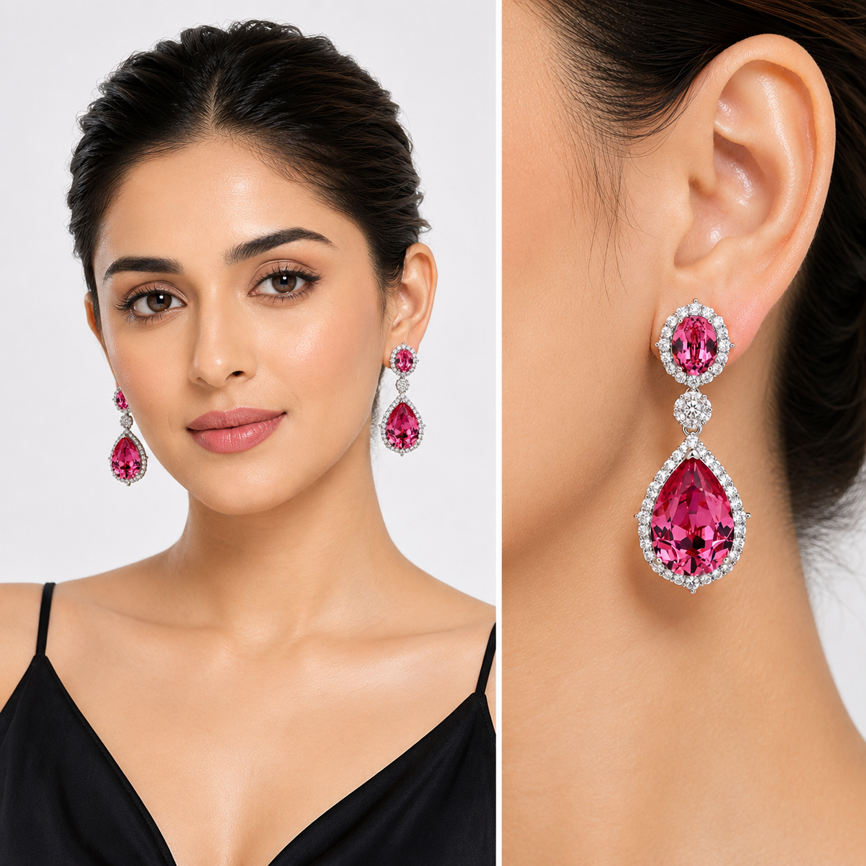 Rich Pink Oval Crystal Halo Teardrop Drop Earrings