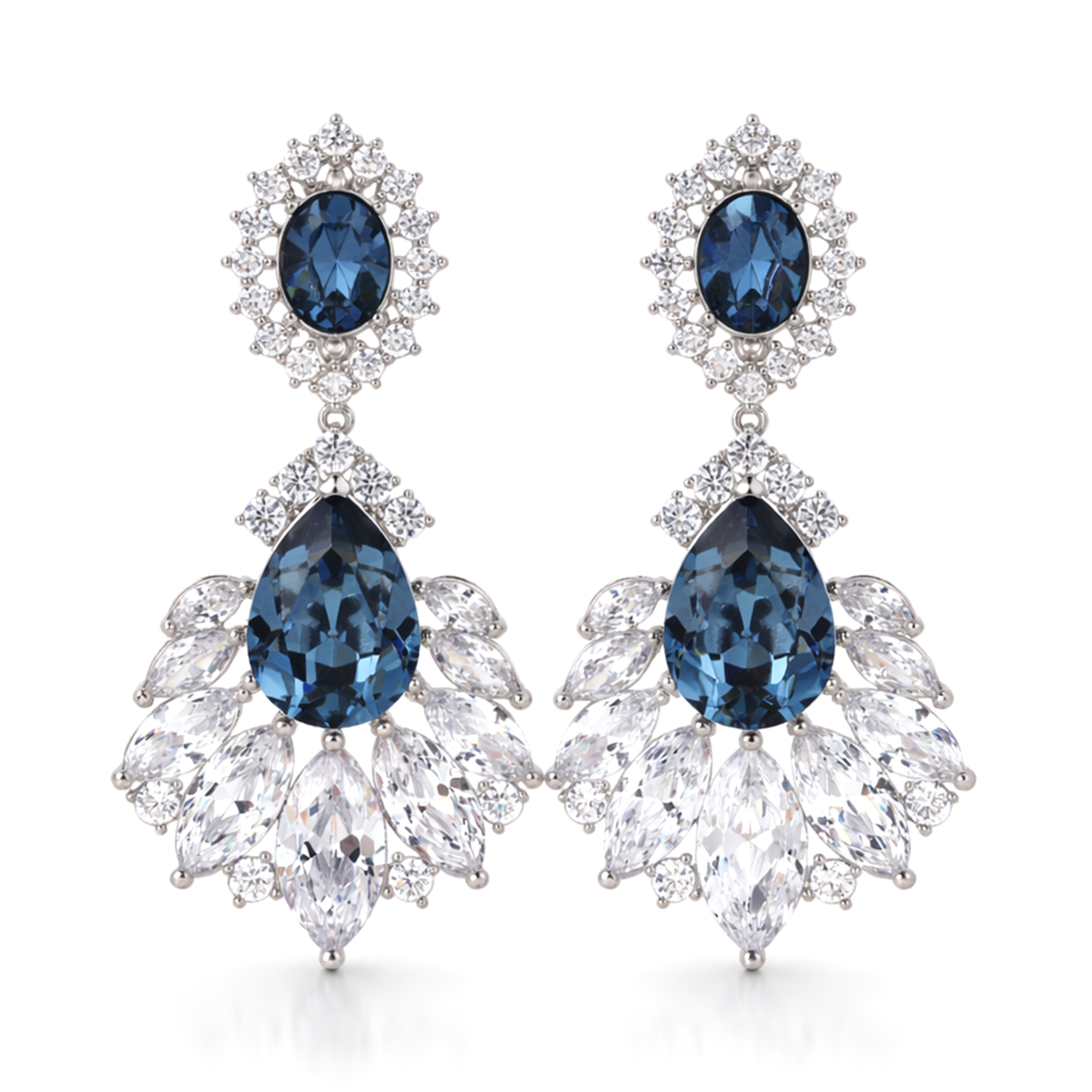 Deep Blue Oval Crystal Fan Drop Earrings
