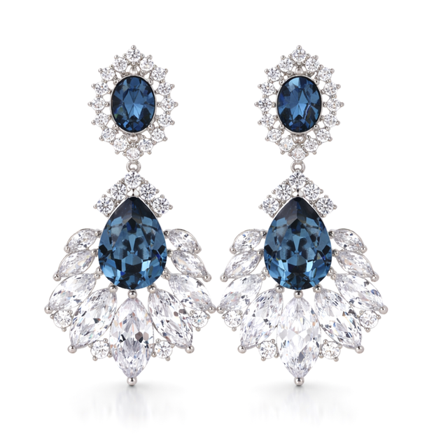 Deep Blue Oval Crystal Fan Drop Earrings