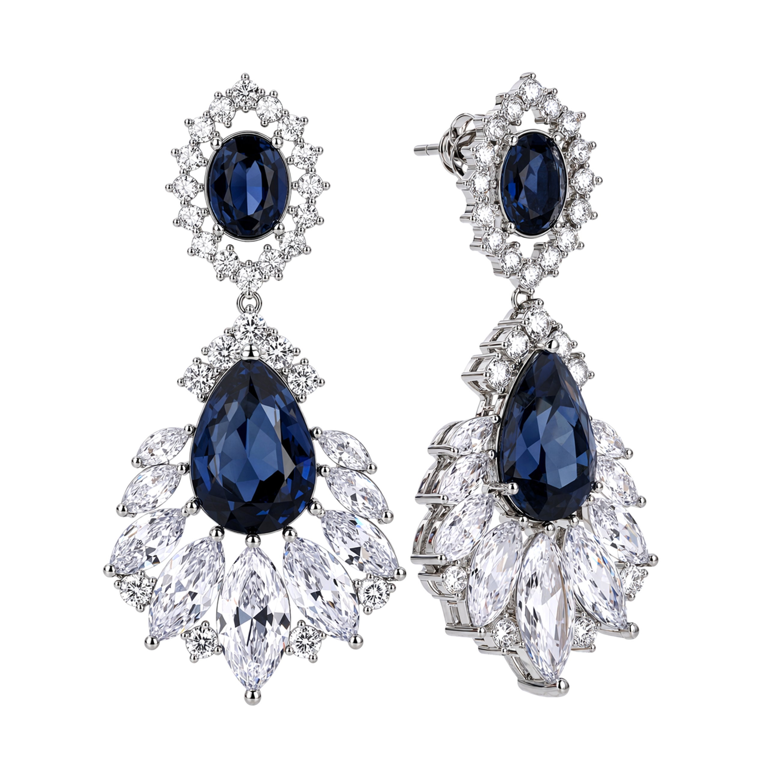 Deep Blue Oval Crystal Fan Drop Earrings