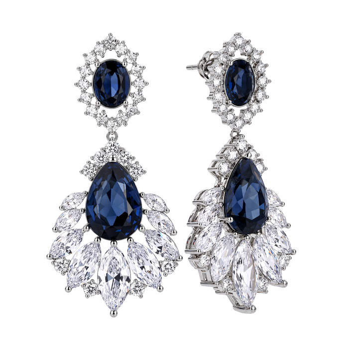 Deep Blue Oval Crystal Fan Drop Earrings