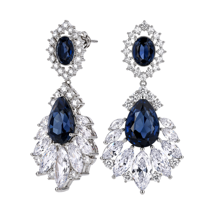 Deep Blue Oval Crystal Fan Drop Earrings