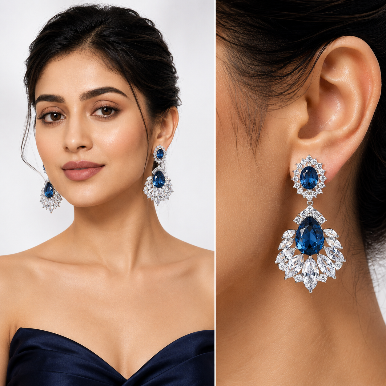Deep Blue Oval Crystal Fan Drop Earrings
