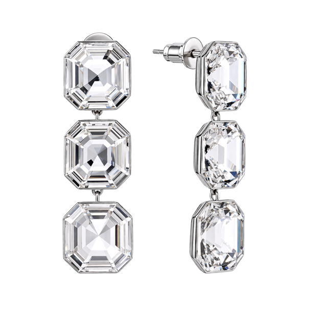 Clear Asscher Crystal Triple Statement Drop Earrings
