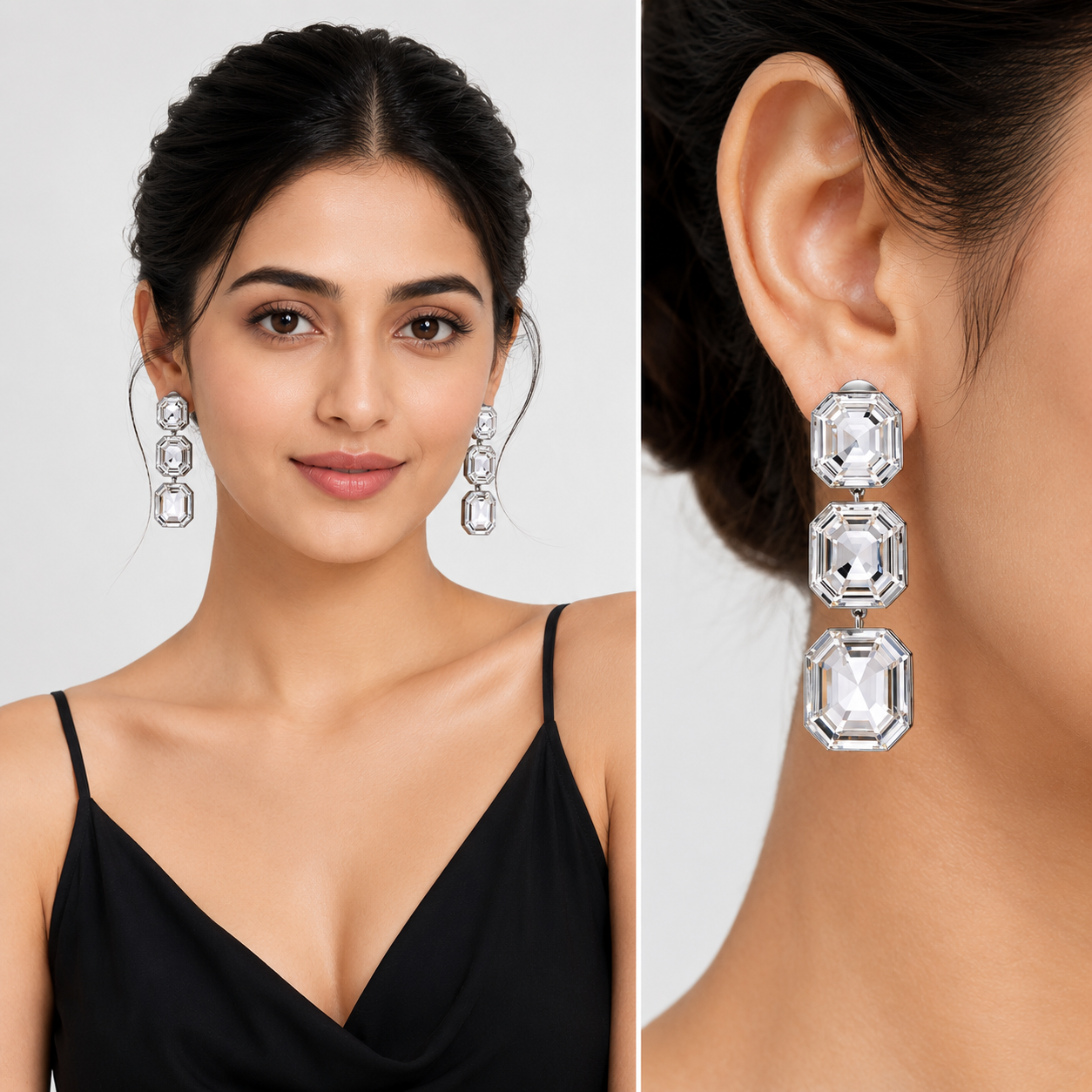 Clear Asscher Crystal Triple Statement Drop Earrings