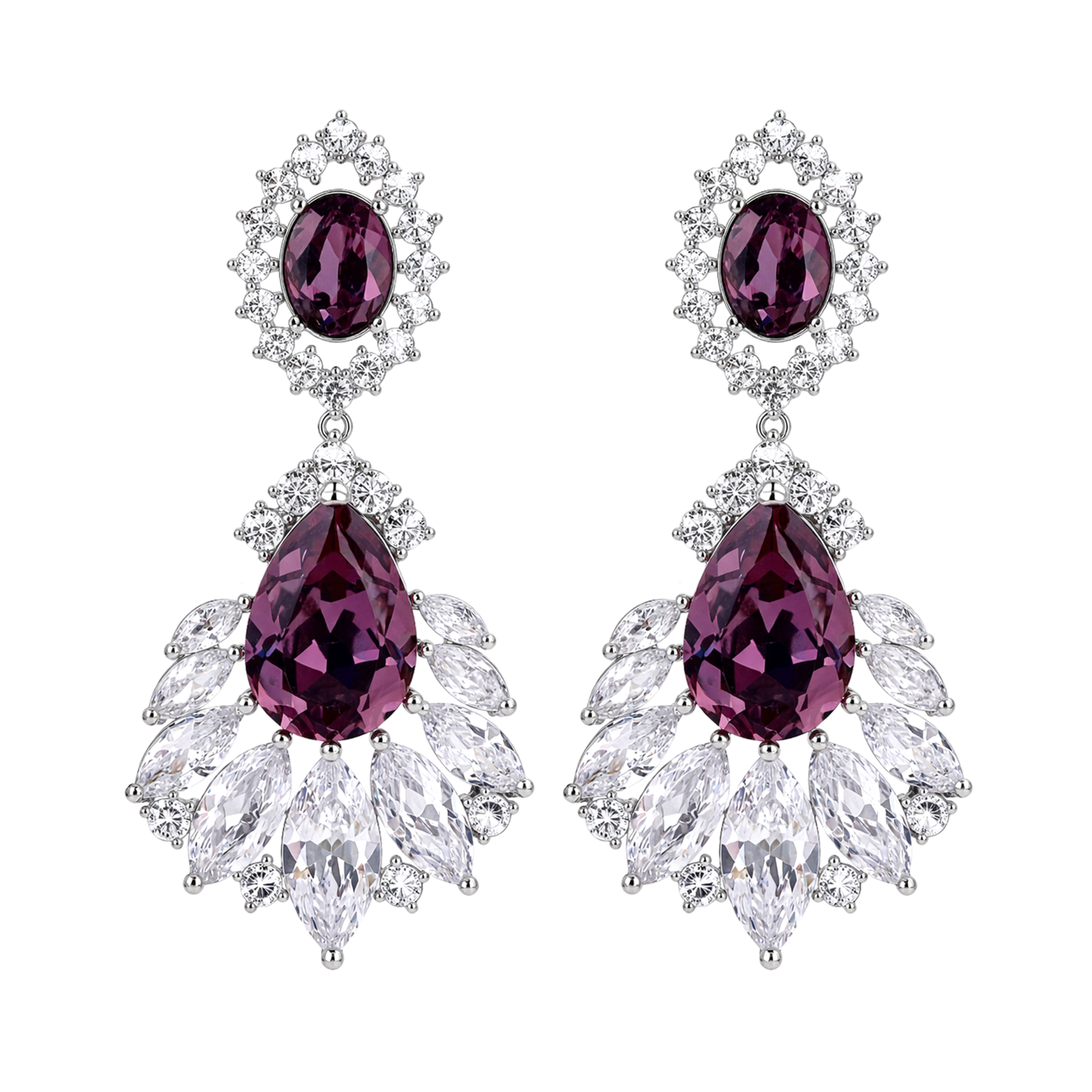 Amethyst Oval Crystal Petal Fan Drop Earrings