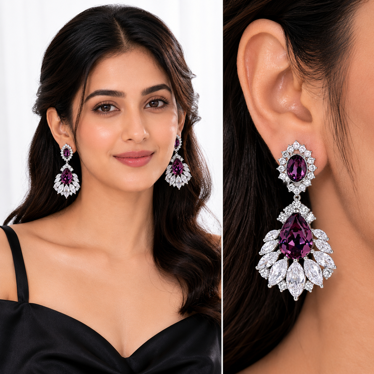 Amethyst Oval Crystal Petal Fan Drop Earrings